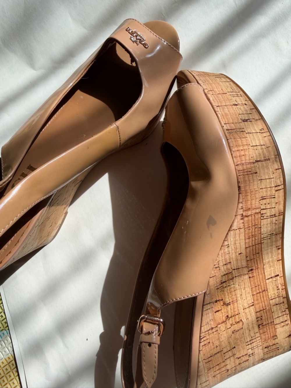 Coach Nude/Tan Peep-Toe Leather wedges with Logo Accent - Picture 7 of 10